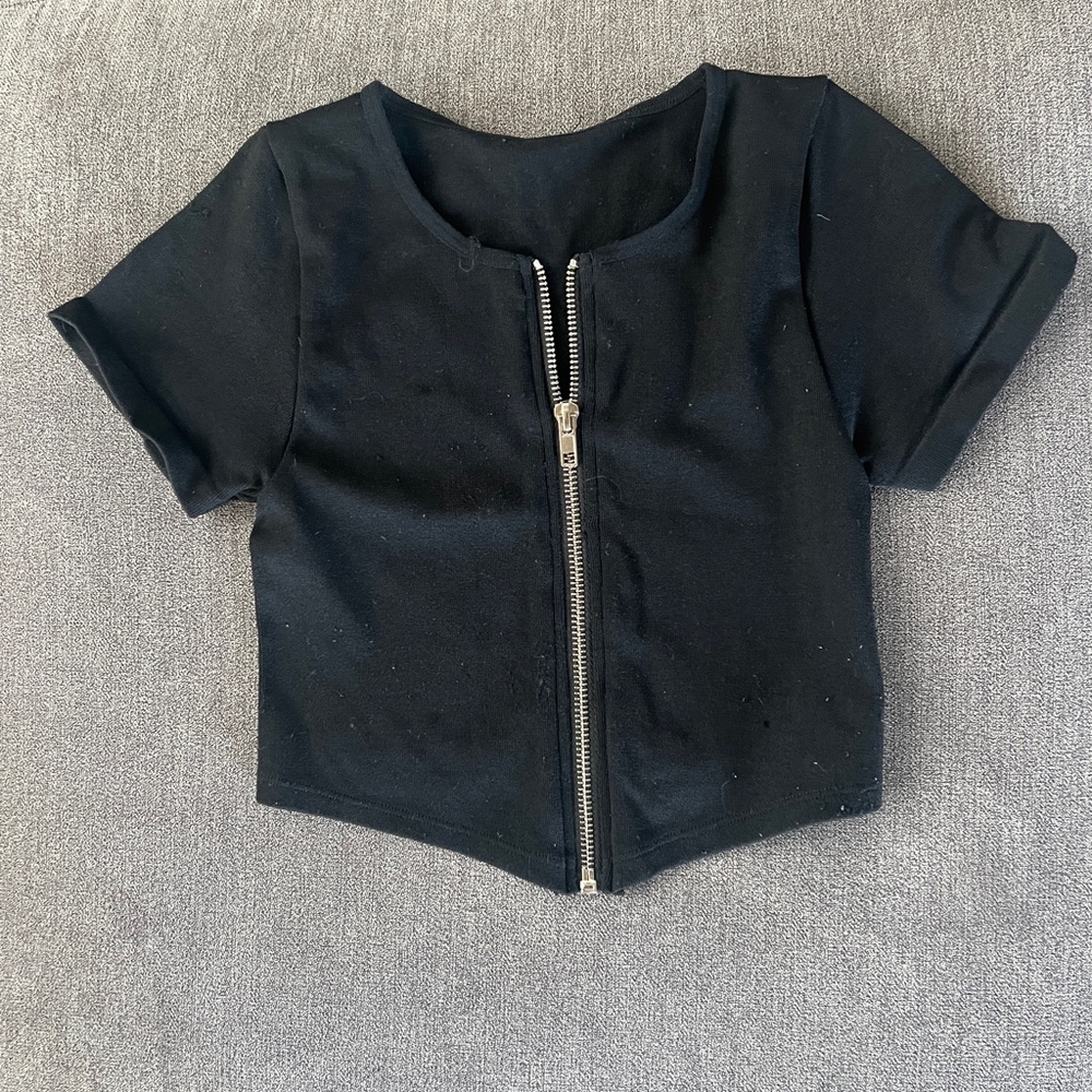 Black Short Sleeve Zip-Up Top